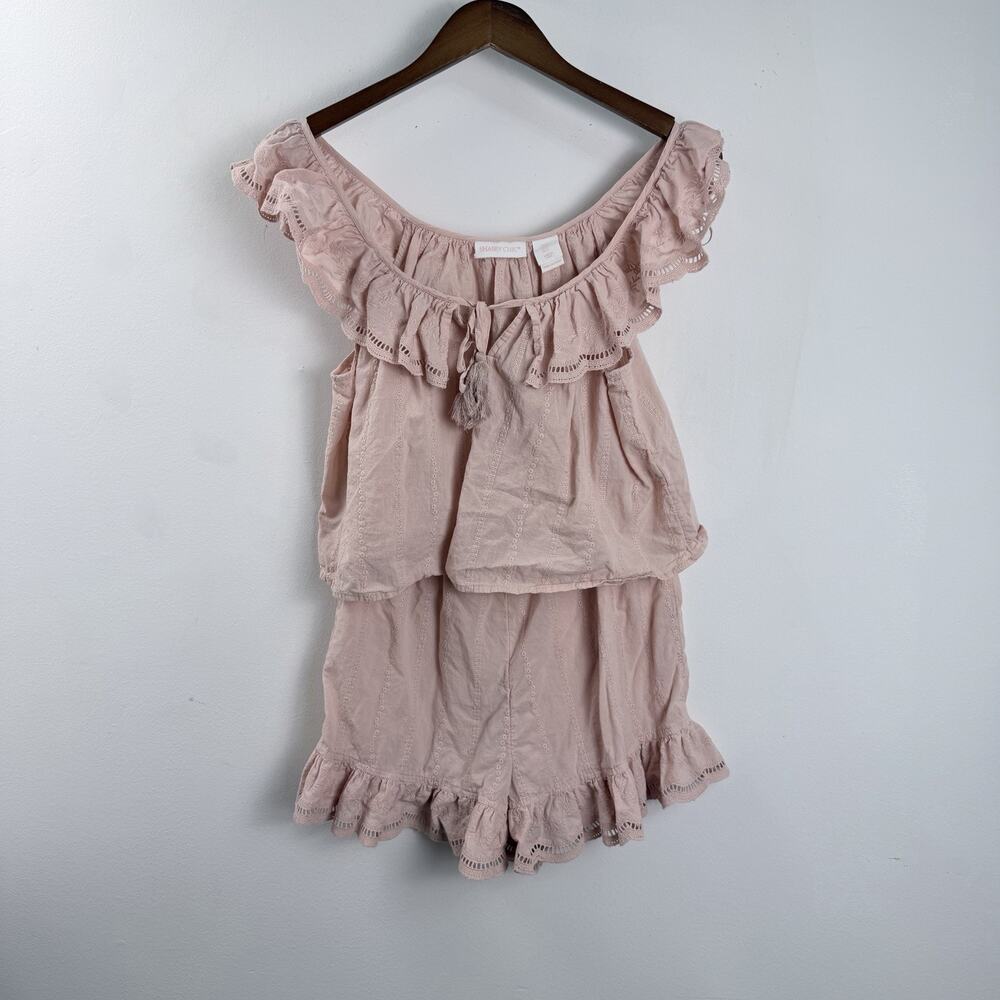 Shabby Chic Womens 2 Piece Pajama Set Size S Pink Eyelet Ruffle Cotton Babydoll